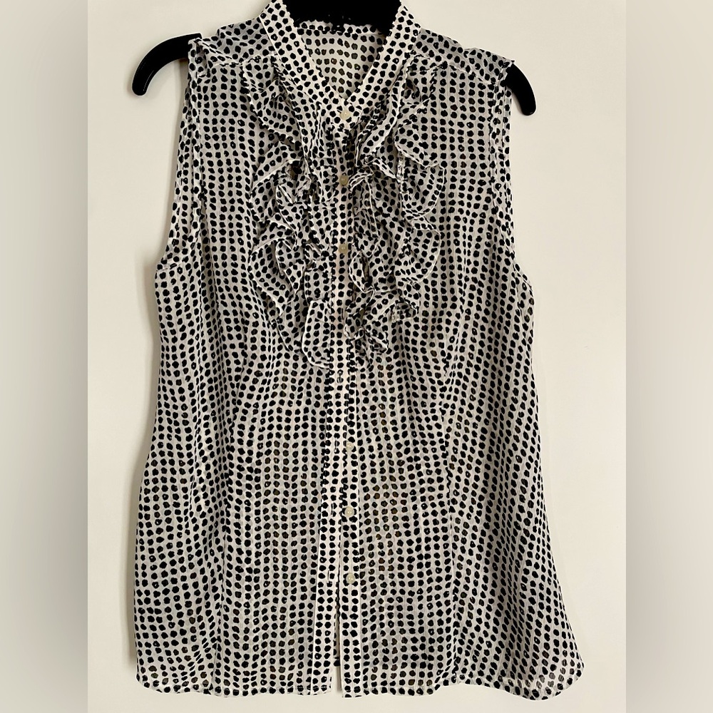 The Limited Sleeveless Button Down Blouse Top Ivory Black Polka Dot Ruffled